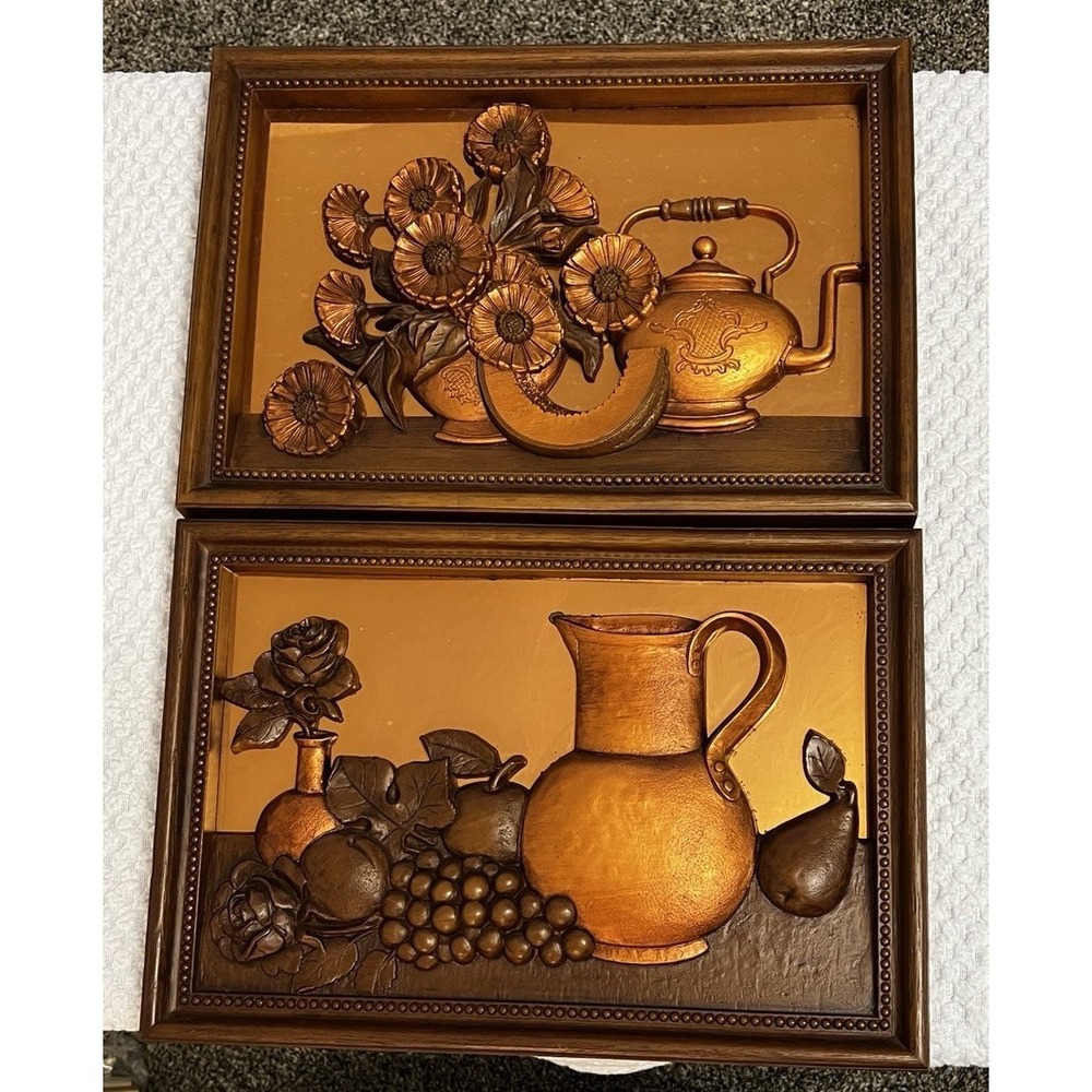 Vtg Coppercraft Guild 3D Copper Art Wall Hanging Kitchen Farm Cottage MCM Pair
